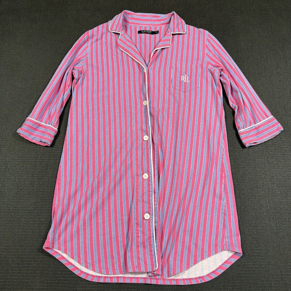 Lauren Ralph Lauren 100% Cotton Pink Blue Striped Nightshirt Small Monogram